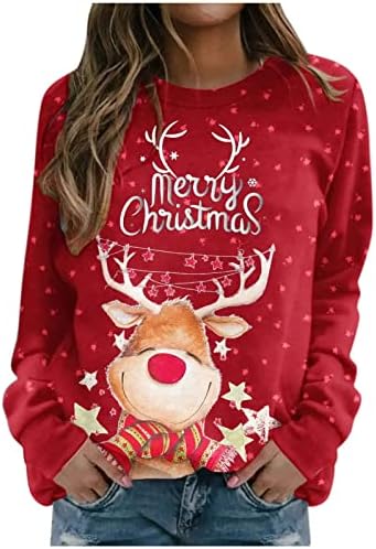 Tops de Natal Vermelho para Mulheres Cute Rena Gráfico Gráfico de Molas Longas Camisas de Manga Longa Crewneck Sweaters Casual Pullovers