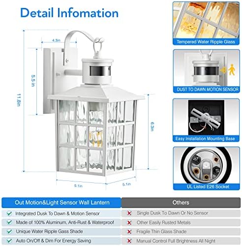 Vianis White Motion Sensor Lanterna de parede externa, anoitecer de 2 pacote para luminária externa do amanhecer, iluminação de