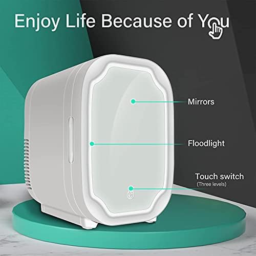 Mini geladeira, refrigerador espelhado de 8 litros, refrigerador espelhado de cuidados com a pele com iluminação LED, armazenamento