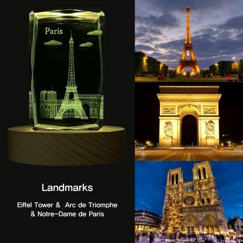 Supia 3D Landmark Figura - Paris - Crystal Mood LED Iluminação com suporte de madeira e USB Carregável, lembranças de viagem para namorado namorado amante Presentes de aniversário Visual Lamp Decoration Night Light…