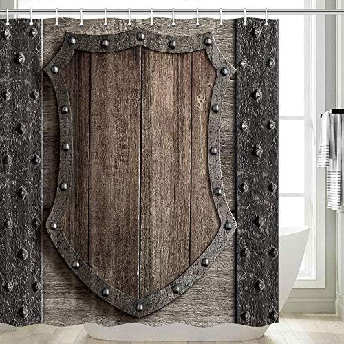 Cortina de chuveiro medieval para banheiro, escudo de madeira rústica na cortina de banheira de portão medieval do castelo, porta