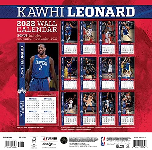 Turner Sports Los Angeles Clippers Kawhi Leonard 2022 12x12 Jogador Calendário de parede