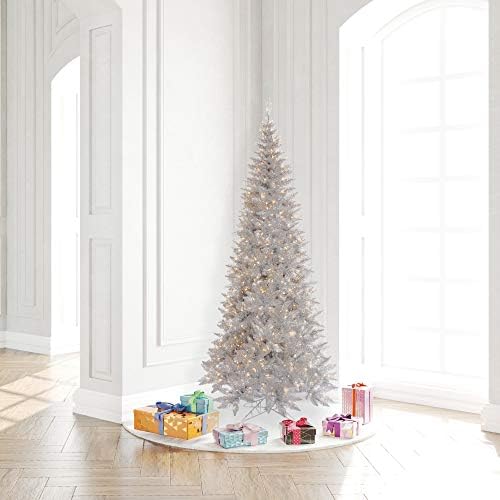 Vickerman 6.5 'Silver Tinsel Fir Slim Artificial Christmas Árvore, Luzes LEDs de LED de dura branca quente - Árvore