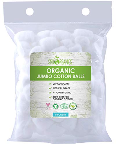 Sky Organics Organic Jumbo Cotton Balls para pele sensível, Pure Gets Certificado Organic for Beauty & Personal Care, 60 ct.