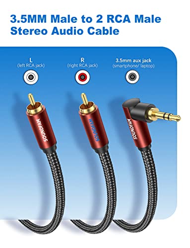 Soundfam 3,5 mm aux para RCA Cabo de 6 pés, 90 graus ângulo reto de 3,5 mm masculino para 2rCA Male y Cabo dividido