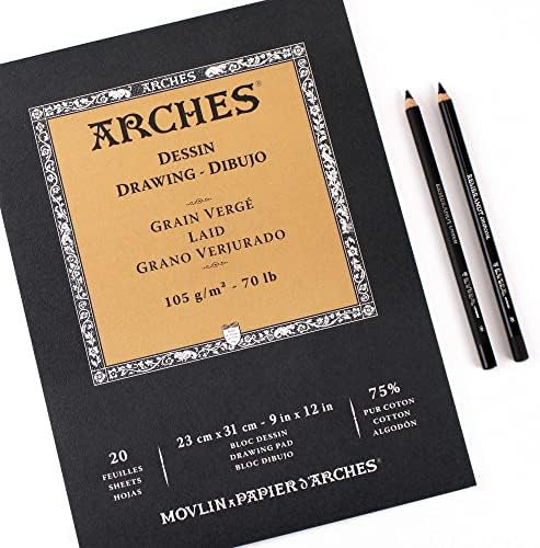 Arches Drawing bloco de desenho 9x12 polegadas Branco natural 75% de algodão de algodão - 20 folhas de arcos 70 lb de papel de desenho