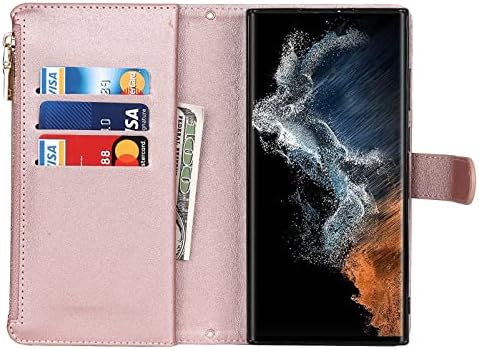 Jaorty Samsung Galaxy S22 Caixa de carteira Ultra 5G, [slots de 9 cardes] Removável Colar de colar de corda de corça de corda de cor de 9 cartas Caixa de couro magnético para Samsung Galaxy S22 Ultra 5G, 6,8 RoseGold