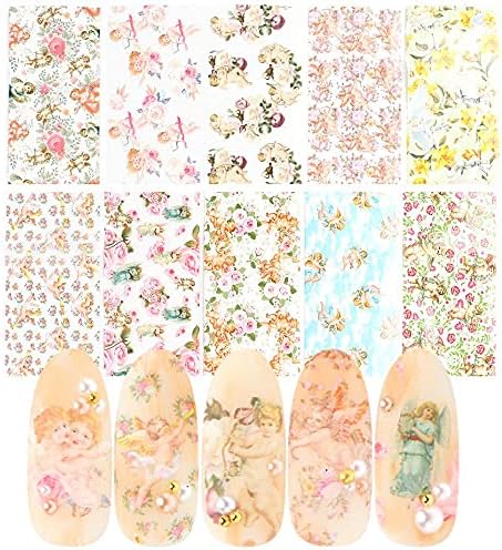 10 folhas de lençóis de adesivos de unhas Retro Floral Nails Star Papel Cupid Eros Lace Paper