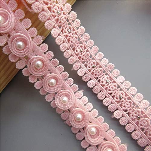 2 jardas de pérolas rosa Flores de rosa Bordado de renda bordada 2,5cm Largura 3D Fita de fita de renda vintage Appliques Patchwork