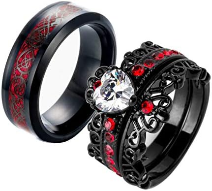 Ringcrown Casal Rings Black Plated Heart Red Cz Ring Womens Conjuntos de casamento Crown Ring Titanium Man Bandas de casamento （Por favor, compre 2 anéis para 1 par）