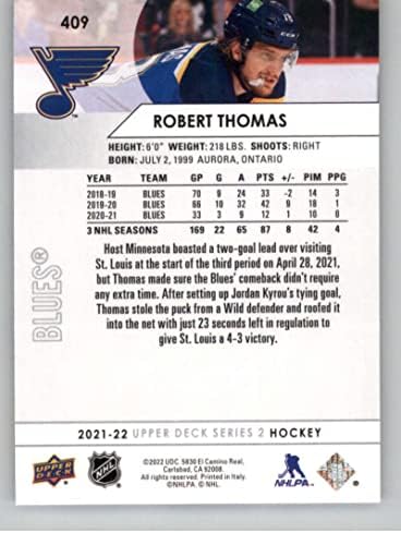 2021-22 Deck superior #409 Robert Thomas St. Louis Blues Series 2 NHL Hockey Trading Card