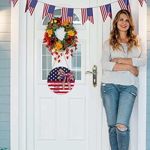 Independence Day Door Sign - Vermelho Branco e Azul 4º de julho Wreath With Welcom Sign Sign Decoração de parede patriótica,