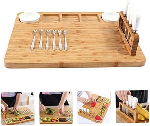 Kichouse 1 Set Cheese Board Charcuterie bandeja de biscoitos biscoitos de biscoitos Bandejas de vinhos Placa de queijo de madeira de queijo Forking Placa de corte de queijo conjunto de corte de corte de corte prático Aço inoxidável