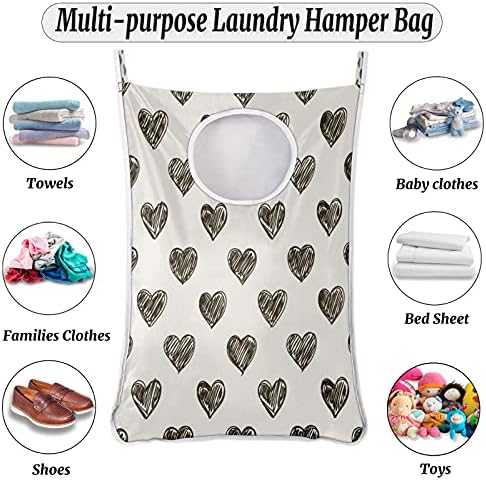 Black Love Heart Holding Laundry Horting Bag, sobre a porta da lavanderia Saco de Lavanderia Difícil Durável Sagão para Criando Espaço Pendurado Caso de Roupas Diretas Com Zíperes de Pedimento para Banheiro Domens