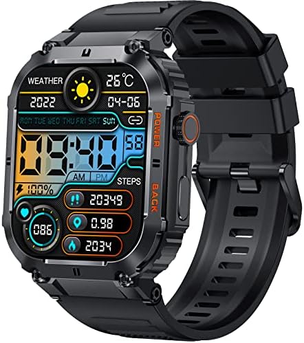 Eigiis Military Smart Watches for Men 1,96 ”HD Big Screen Rugged Smart Watch Outdoor Tactical Sports Watch Fitness Tracker SmartWatch para iPhone compatível com telefones Android