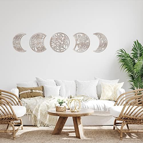 JETEC 5 peças fase lua de parede de parede pendurada decoração de madeira lua de parede decoração de arte nórdica fases de lua de parede arte boho decoração de lua para salas de barra