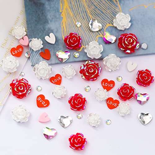 70pcs Valentines Red Rose Unhas Brancas Decoração de unhas de flor branca 3d Heart Love UNIDE Strasss