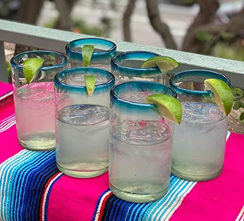 Dos Sueños soprou os copos de bebida mexicanos - conjunto de 6 copos com jantes aqua