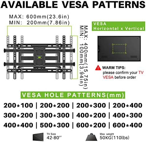 Usx Mount TV Montagens de parede Fit 16 18 ou 24 Studs para 42 -80 As TVs seguram até 110 libras, TV de TV de TV completa Montagens