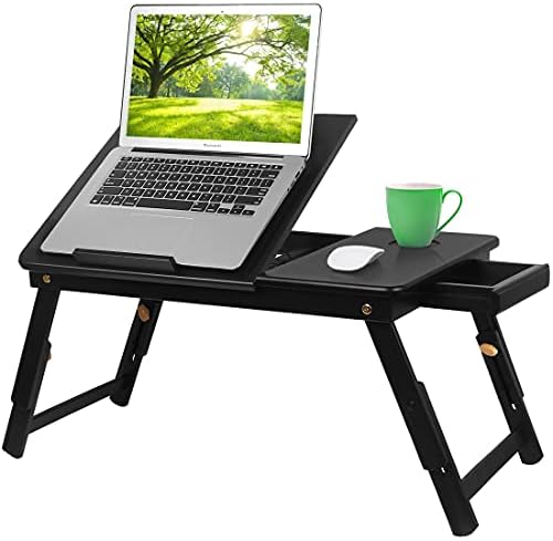Mesa de laptop de bambu, mesa de café da manhã com bandeja de cama com pernas dobráveis, mesa multifuncional com porta -copo,