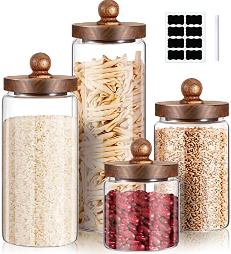 Gerrii Gabinete de armazenamento de vidro Conjunto de 4, recipientes de armazenamento de alimentos transparentes com tampas de madeira cartuchas de cozinha herméticas com adesivo e giz para doces de biscoito de arroz de açúcar nozes