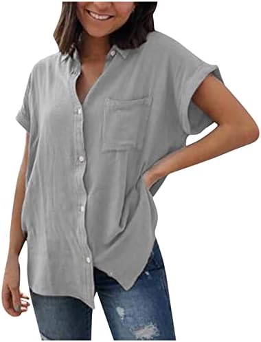 Xiaojmake tampa de tampa sólida Tops para mulheres Lapela V Botão de pescoço Aberto camiseta dianteira com bolso de bolso