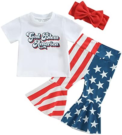 Criança bebê menina 4º de julho Roupas impressão de manga curta Top American Bandle Flare calça 2 peças roupas de verão