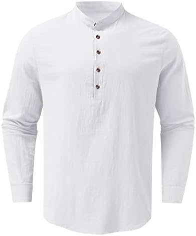 Wocachi masculino Henley Camisas de linho de algodão Botão de manga longa V Band de pescoço colarinho Tops de férias soltas camiseta