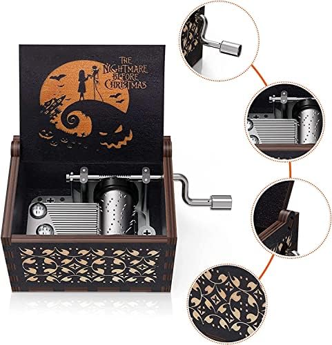 KeyAtubo Music Box de madeira gravado o pesadelo antes da caixa musical da manivela à mão, tocando melodia, esta é a caixa de música de Halloween para o Halloween Natal Ação de Graças Black