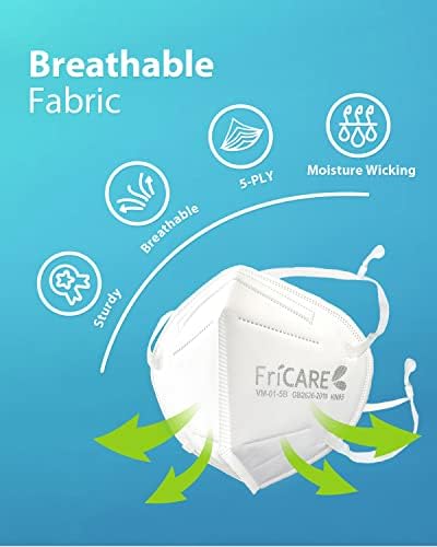 Fricare KN95 máscaras faciais descartáveis ​​com fita de cabeça, 5 camadas de copo de copo de poeira com envoltório individual contra pm2.5 de fumaça de fogo, poeira, para homens, mulheres, trabalhadores essenciais, branco