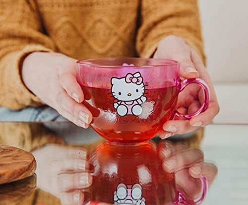 Buffalo de prata Sanrio Hello Kitty Pink Glass Caneca | Grande xícara de café para café expresso, chá, mocha | Detém 16 onças