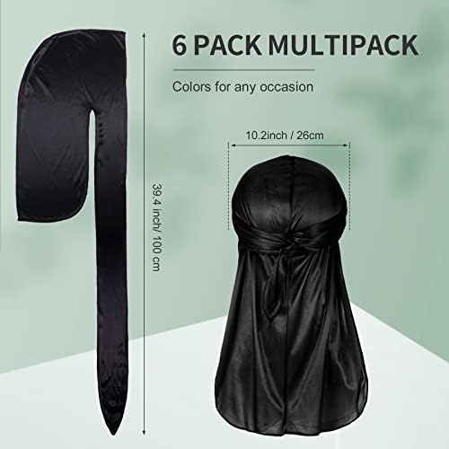 Tarpop 6 PCs Durag sedoso preto com trapos de seda de cauda longa para homens cetim durag para 360 540 720 ondas Turbano Durag Men