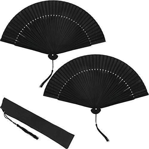 2 peças fã de seda dobrável ventilador de bambu preto fã de mão chinesa fã dobrado com borla para decorações de casa de festa de dança