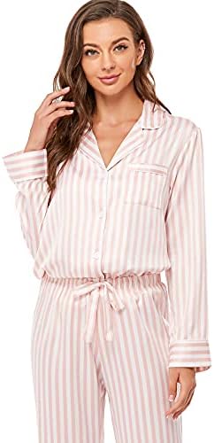 Serenedelicacy feminino cetim pijama conjunto botão de manga longa Down Lowear Lear