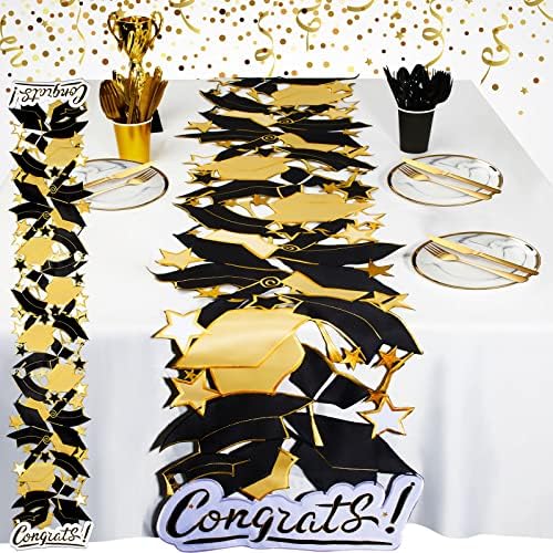 MOUKEREN MABELA DO RUNNER DO DORATURA DO DORAÇÕES DE GRATUÇÃO Decorações 2023 Decorações Decorações de tampa de graduação em preto e dourado, 15,4 x 69,3 polegadas