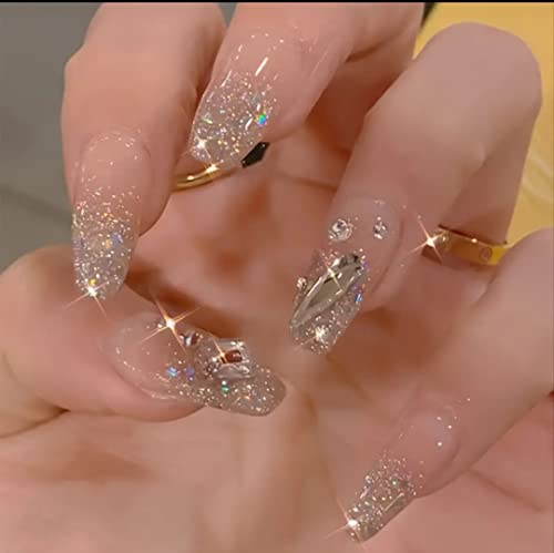 Pressione em unhas, 24 PCs longos unhas falsas de capa brilhante em unhas Bling French False unhas com pedras de diamante com gemas