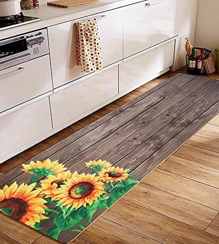 Poowe Kitchen Floor tapetes de girassol em tapetes de cozinha decorativa, tapetes de cozinha de borracha natural não
