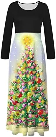 Vestidos maxi para mulheres 2022 Árvore de Natal 3D Impressão longa Manga longa O-Golago Praia Casual Sundress Dress Vestido