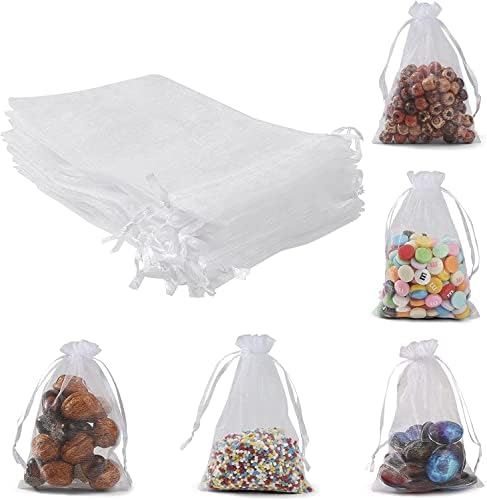 Anznku 50 bolsas de organza de 50 pacote 5 x 7 polegadas, sacos de favor de puro branco com cordão, pequenos sacos