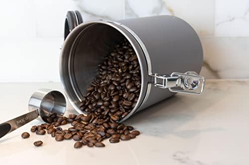 Brew Evolution Aço inoxidável CABELO DE CAFÉ para feijões ou café moído, porta -colina, rastreador de data - Contêiner de avião, jarra para armazenamento, chá, açúcar, farinha, 22 onças de cinza