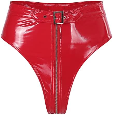 Linjinx Womens Latex High Woll Hollow Out Bandage Zipper Crotch Short