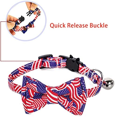 Independence Day Cat Collar with foff bow tie sino, 4 de julho, segurança de segurança, American Flag Design Kitty Kitten Pet