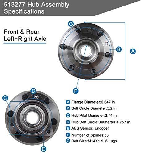 Autoround 513277 [2-PACK] Cubo da roda dianteira/traseira e montagem do rolamento Fit para GMC Acadia 07-16, Chevy Traverse 09-17, Buick Enclave 08-17, Saturn Outlook 07-10 6 LUG, para o lado do passageiro e do motorista