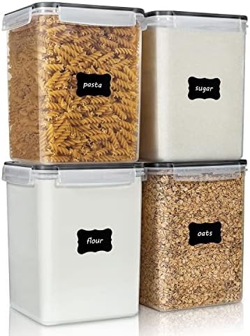 Bahnxko Grande recipientes de armazenamento de alimentos 5.2L / 175 oz, 4 peças BPA BPA Plástico de plástico de plástico livre recipientes de cereais para farinha, açúcar, material de cozimento e armazenamento de alimentos secos com rótulos, preto