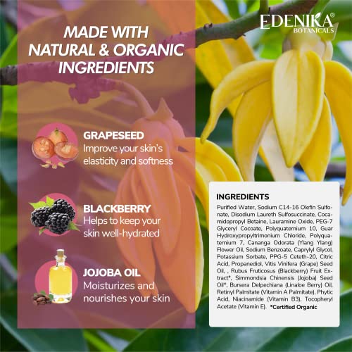 Edenika Botanicals Ylang Ylang Fórmula de lavagem corporal com ingredientes orgânicos e naturais certificados - acalma, refresca