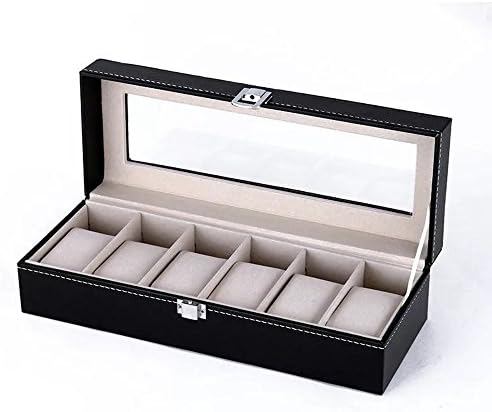 Organizador da caixa de relógio de couro falso para 6 relógios Reserve Watch Protect Box Case com tampa de vidro preto