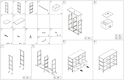 Azl1 Life Conceito 6 gavetas Tecido, cômoda de torre para quarto, corredor, berçário, entrada, armários, moldura de metal resistente, mesa de madeira, alça de tração fácil, cinza claro