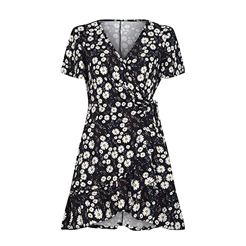 Women Summer Wrap decote em V Ruffle Floral Ruffle Mini Vestido Floral de Manga Curta com Cinturoso