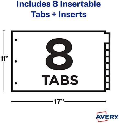 Avery Big Tab Divisadores de plástico inseríveis para 3 ligantes de anel, 11 x 17, 8 de 8 tabelas, multicolor, 1 conjunto