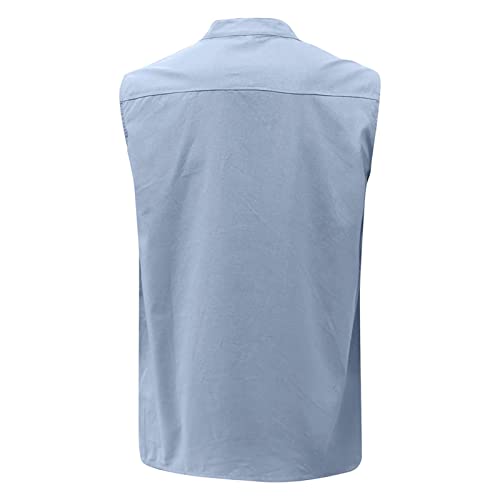 Linho de algodão masculino henley tampo top v pescoço sem mangas de botão camisetas